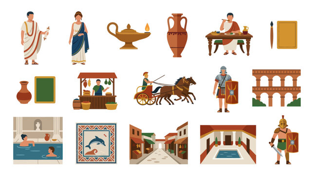Ancient Roman Empire Flat Design Vector Illustrations Set - History, Culture, People, and Architecture Icons