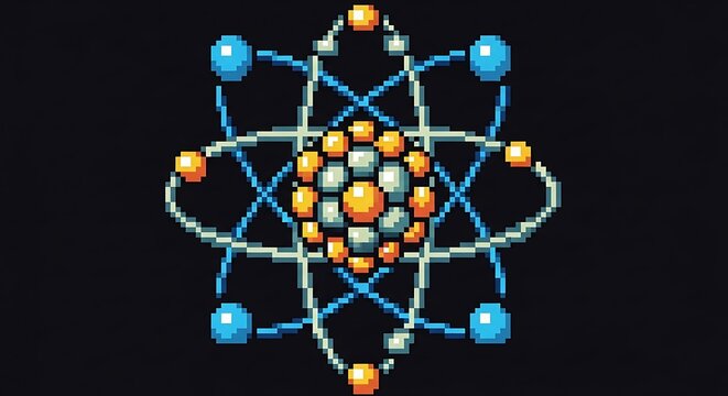 A colorful pixelated illustration of an atomic structure on a black background