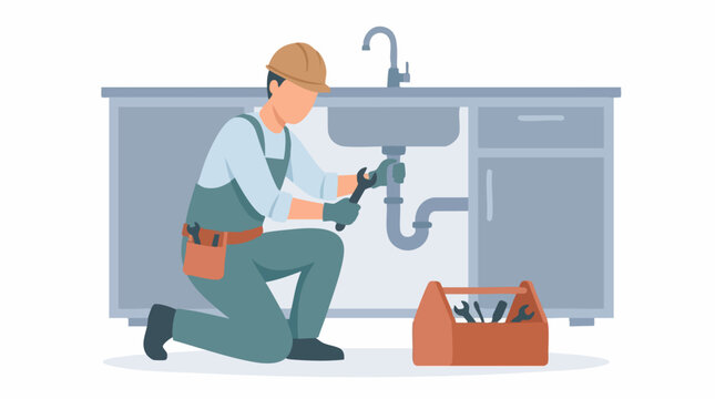 Professional plumber fixing a kitchen sink pipe with a wrench, flat vector illustration