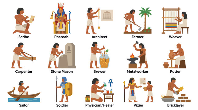 Flat Vector Illustration of Ancient Egyptian Historical Professions and Workers Set