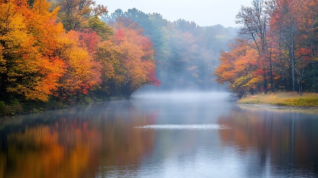 Autumnal riverside scene featuring vibrant fall foliage and misty atmosphere