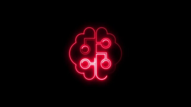 Neon brain with glowing red circuitry and interconnected nodes on black background artificial intelligence