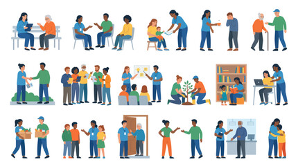 Fototapeta premium Community Support Volunteering Flat Vector Illustration Set. Diverse People Helping, Learning, Interacting.