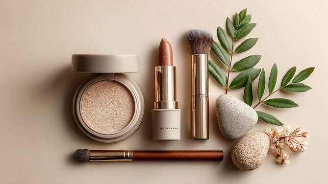 Natural beauty collection featuring compact powder lipstick and makeup brushes arranged elegantly with green leaves and stones on a neutral background