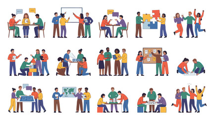 Fototapeta premium Business Teamwork Collaboration Flat Vector Illustration Set. Diverse People Working Together, Problem Solving