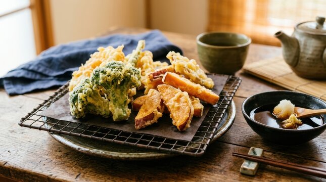 Crispy vegetable tempura with dipping sauce and tea set on a rustic wooden table