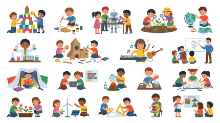 Fototapeta premium Flat Vector Illustration of Diverse Children Learning STEM, Arts, Music Reading. Childhood Education Activities.