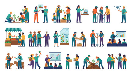 Fototapeta premium Diverse Farmers and Agriculture Professionals in Flat Style Illustrations