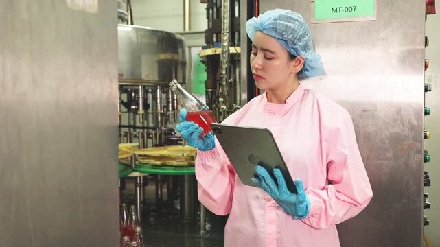 Female factory worker in protective clothing examining liquid sample in glass bottle while recording data for quality control in production facility