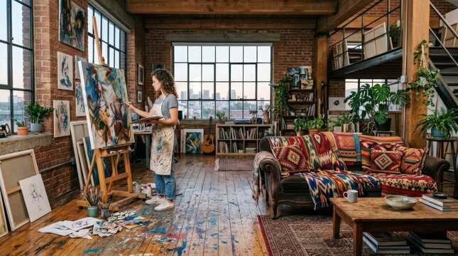 Artist painting abstract art in a sunlit loft studio with city views
