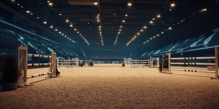 Empty Illuminated Equestrian Show Jumping Stadium Ready for Competition