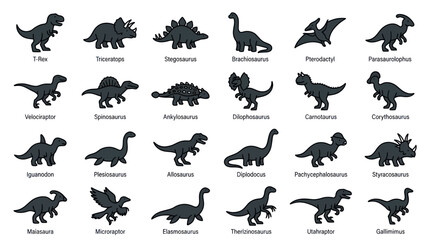 Collection of Dinosaur Silhouettes with Names - Jurassic Creatures © udin