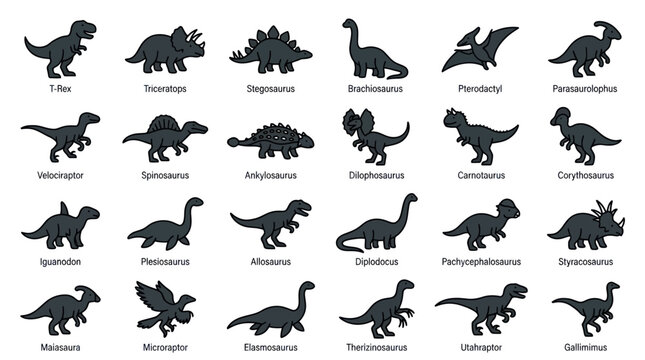 Collection of Dinosaur Silhouettes with Names - Jurassic Creatures