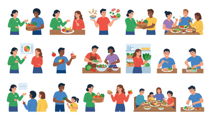 Fototapeta premium Healthy Eating Flat Illustrations of People Enjoying Nutritious Food and Meals