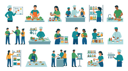 Fototapeta premium Flat Style Illustration of Diverse People Cooking, Food Prep, and Grocery Shopping
