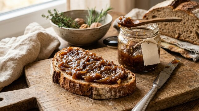 Delicious homemade onion jam spread on rustic sourdough bread with fresh herbs