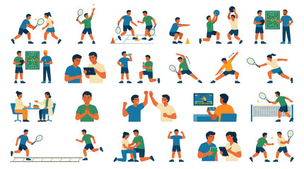 Fototapeta premium Sports, Fitness, and Coaching Flat Vector Illustrations Set. People Training, Playing Tennis, Learning, and Interacting