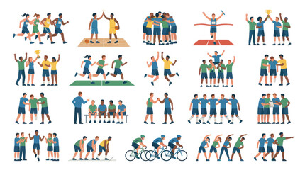 Fototapeta premium Sports Team Players and Athletes Flat Vector Illustration Set. Teamwork, Competition, Fitness Concepts.
