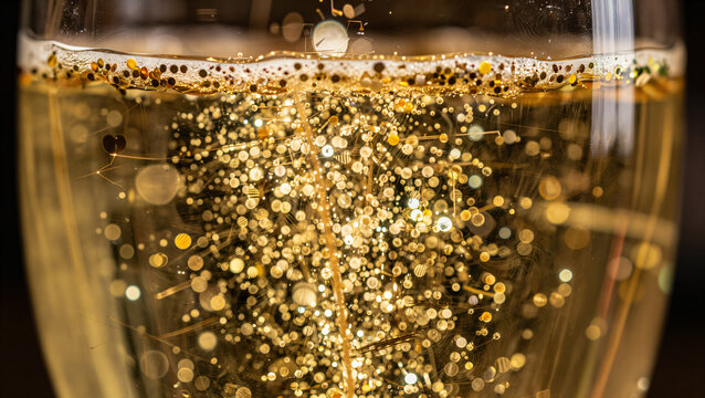 Nahaufnahme eines Glases mit prickelndem Sekt und glitzernden Lichteffekten