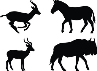 Fototapeta premium African wildlife animal silhouettes, black safari fauna vector set, gazelle and zebra and wildebeest icons for nature design isolated PNG with Transparent Background
