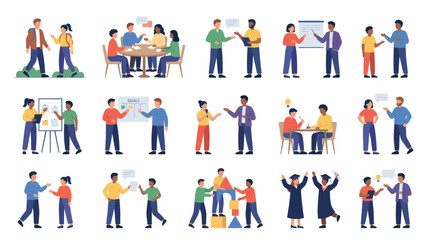 Fototapeta premium Flat Design Vector Illustrations of Business, Education, and Communication Characters Collaborating and Discussing
