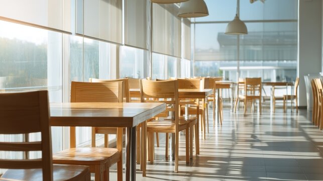 Minimalist Modern Restaurant Dining Area Bathed in Bright Natural Sunlight