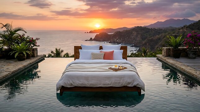 Bed placed in the middle of a swimming pool overlooking a tropical ocean sunset with mountains in the background, and palm trees