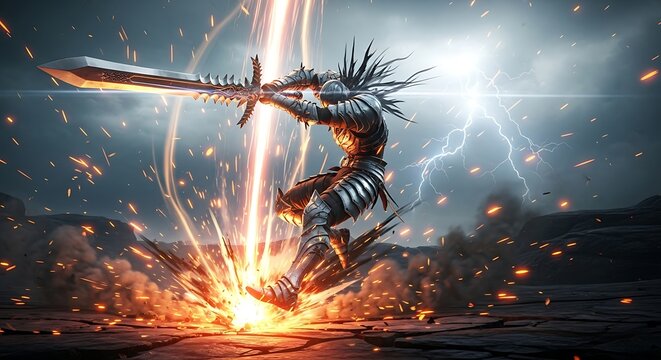 A dark fantasy warrior with a sword strikes a powerful pose amidst flames and lightning