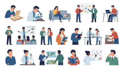 Fototapeta premium Flat Vector Illustrations of People in Education and Science Research, Learning, and Academic Study