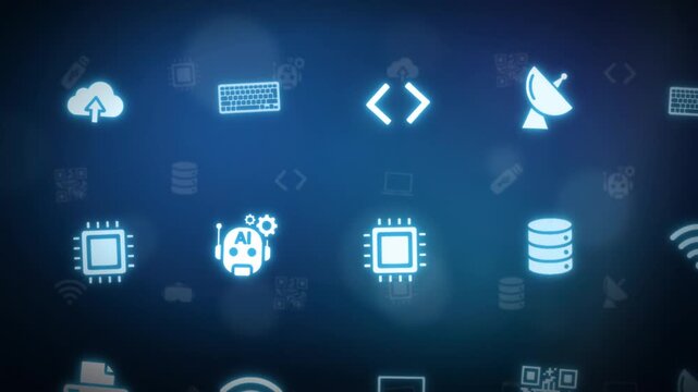 Technology and digital icons floating with cloud computing code and network symbols