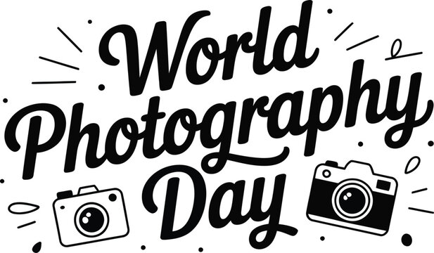 World photography day hand drawn lettering with camera doodle vector illustration