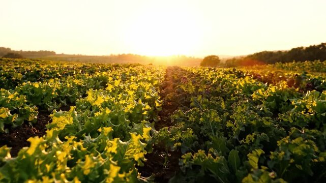 Lettuce field vibrant green vegetable agriculture farm glowing under warm sunlight at sunset and sunrise showcasing fresh organic healthy produce natural farming landscape fertile soil rows