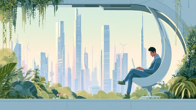 Man seated on chair enjoys cityscape view individual relaxes appreciating vast urban panorama