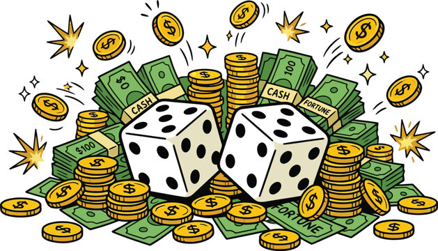 Rolling white dice on a pile of gold coins and paper money in a vibrant style