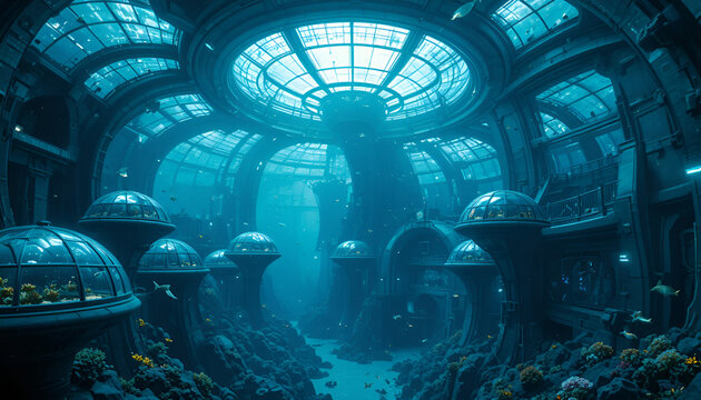 8. A futuristic underwater city beneath the ocean, glass domes, marine life swimming around, advanced technology, vibrant blue lighting, cinematic scene.
