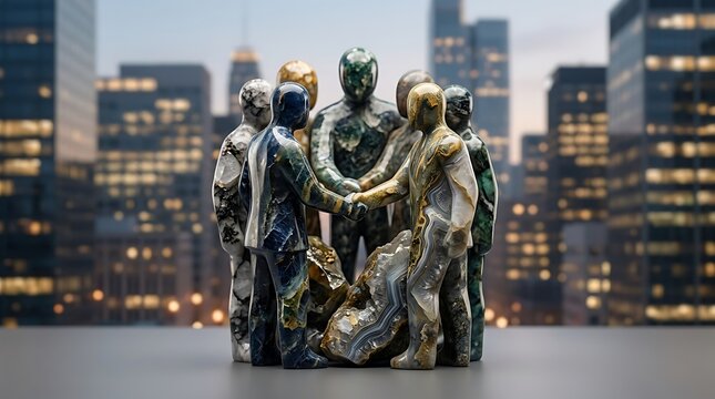 Group of abstract stone figures in business suits shaking hands in a circle, representing teamwork and partnership in front of a city skyline