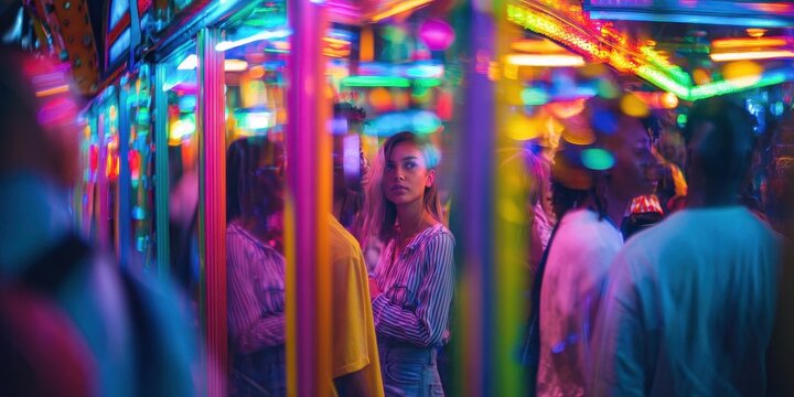 People Exploring a Funhouse with Reflective Mirrors and Neon Lights