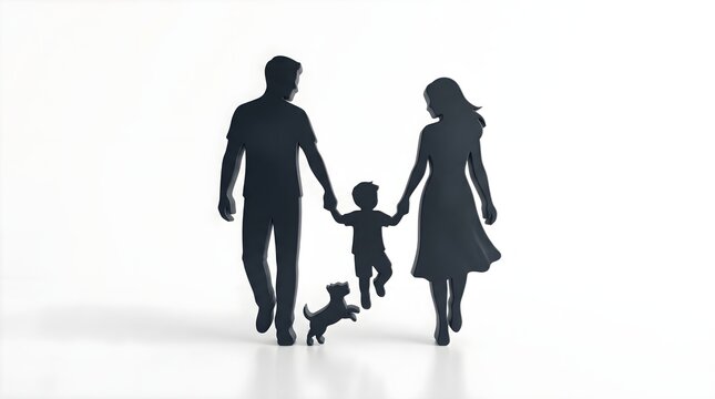 Happy family silhouette figurine with parents child and dog on white background