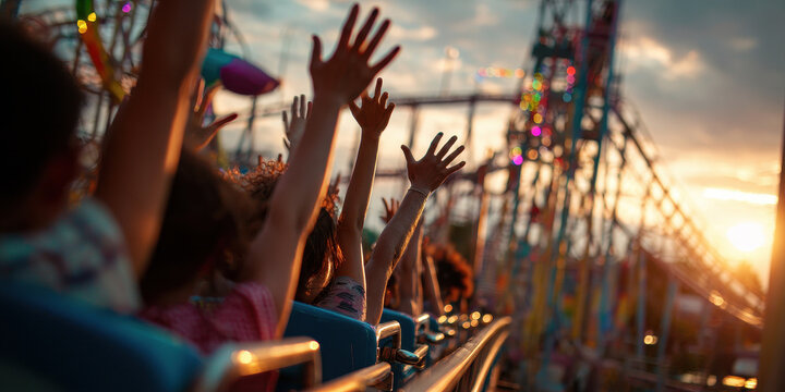 Group of People with Hands Up on Roller Coaster at Sunset