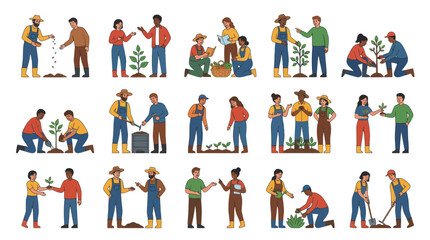 Fototapeta premium Flat Vector Illustration Set: Diverse People Gardening, Planting Trees, and Engaging in Agricultural Activities