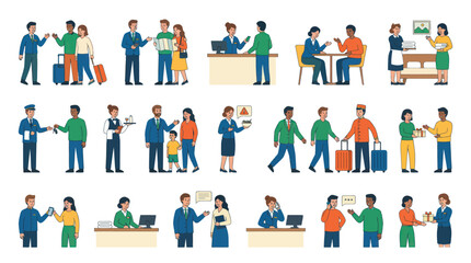 Fototapeta premium Hotel Hospitality Services Flat Vector Illustrations. Staff Guests Interacting, Check-in, Room Service, Reception