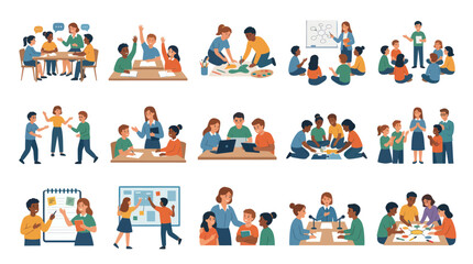 Fototapeta premium Flat Vector Education Illustration Set: Diverse Students Teachers Learning, Teaching, Collaborating in Classroom
