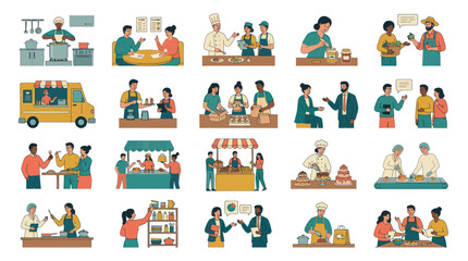 Fototapeta premium Food Industry Culinary Flat Vector Illustrations: People Working in Restaurants, Markets, Farming, and Small Business