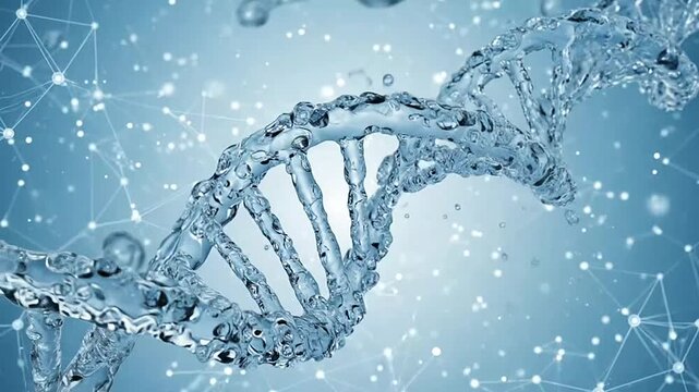 DNA double helix structure made of water on blue background