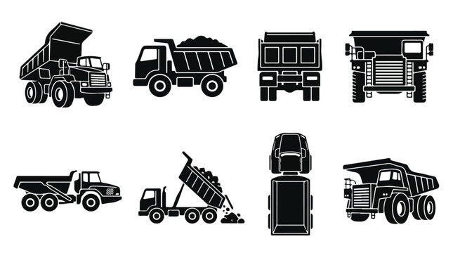 Heavy construction dump truck icons, set of 8 black silhouette tipper truck vectors, industrial mining vehicle symbols for logistics and engineering