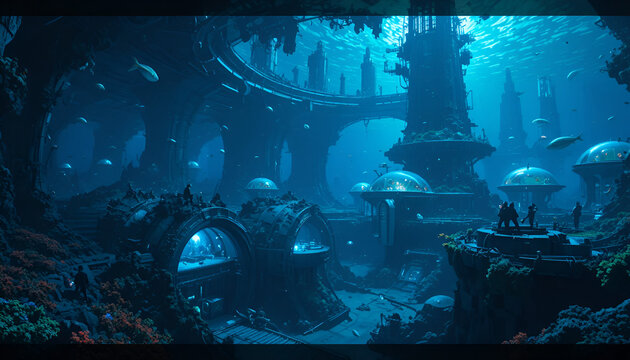 8. A futuristic underwater city beneath the ocean, glass domes, marine life swimming around, advanced technology, vibrant blue lighting, cinematic scene.
