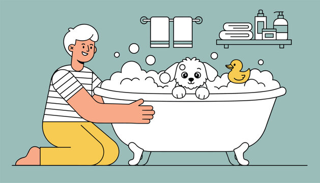 Happy boy giving his fluffy white puppy a warm bubble bath in a classic vintage clawfoot tub with a yellow duck.