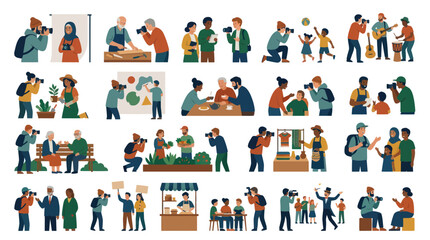 Fototapeta premium Flat Vector Art: People with Cameras Photographing Various Scenes
