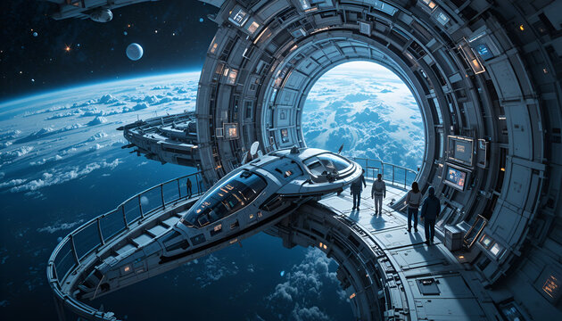 9. A space tourism station orbiting Earth, luxury spacecraft, panoramic galaxy views, futuristic travelers, stunning sci-fi realism.
