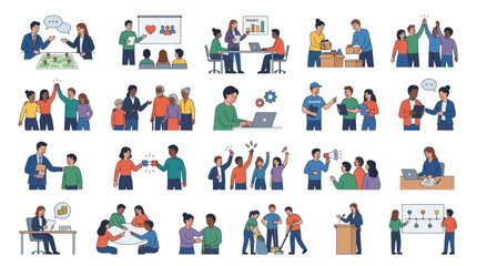 Fototapeta premium Modern Flat Vector Illustration Set: Business, Teamwork, and Community Collaboration Concepts